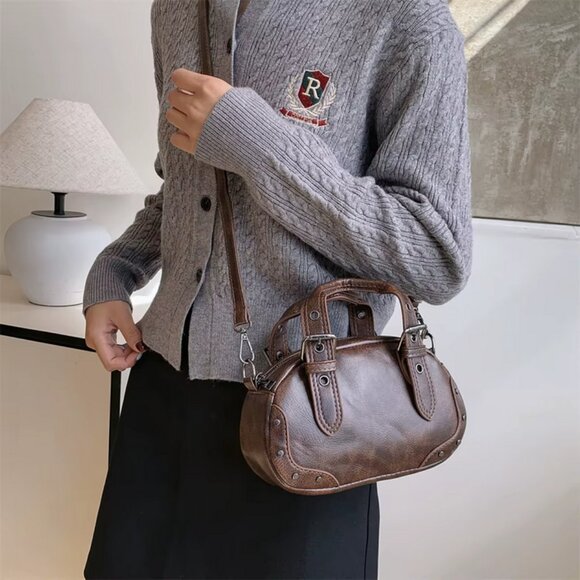 Retro PU Leather Rivet Crossbody Top Handle Mini Saddle Bag 3 Colors - Picture 3 of 16